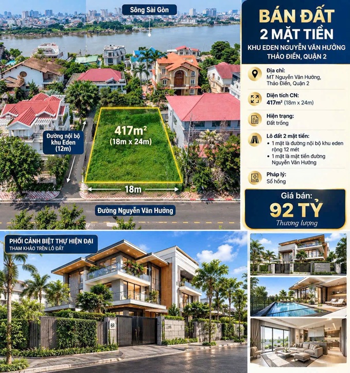 Bán đất biệt thự khu compound ven sông Eden Thảo Điền, 117 Nguyễn Văn Hưởng: Diện tích 417m², 2 mặt 